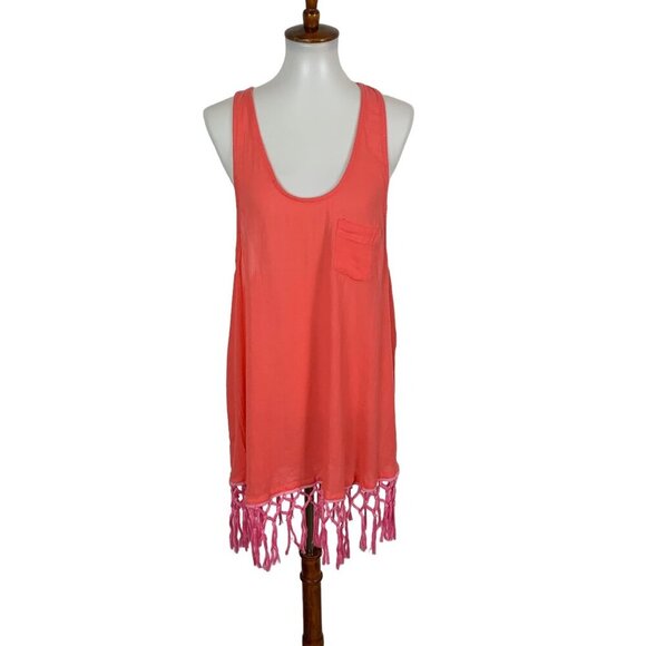 Victorias Secret Coral Fringe Hem Tank Cover Up Pocket Detail Small Beach Boho - Picture 1 of 5